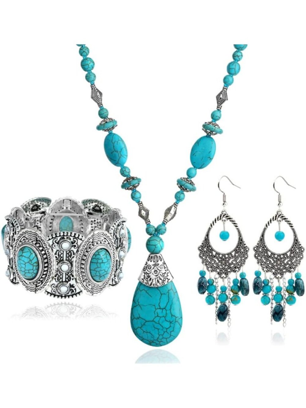 Bohemian Turquoise Jewelry Set - Women's Western Necklace, Choker, Earrings
